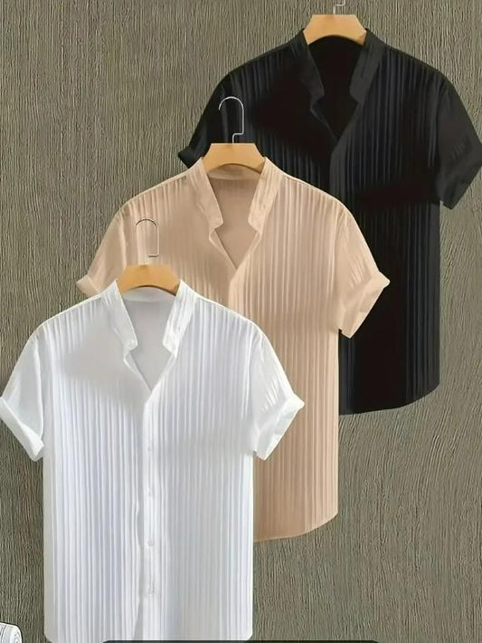 Men's Solid Retro Short Sleeves Button-Up Shirt Pack of 3.